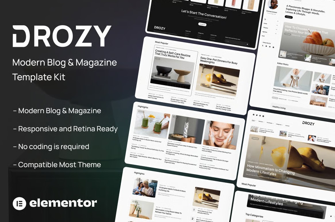 Drozy - Modern Blog & Magazine Elementor Pro Template Kit